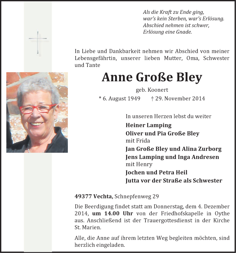  Traueranzeige für Anne Große Bley  vom 01.12.2014 aus OM-Medien